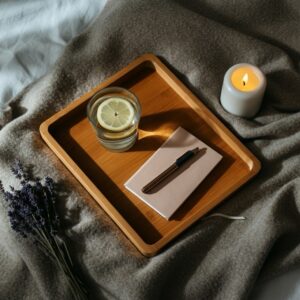 Reiki nazorg Eindhoven met glas water met citroen, journal met pen en lavendel op een houten tray in een warme, serene setting
