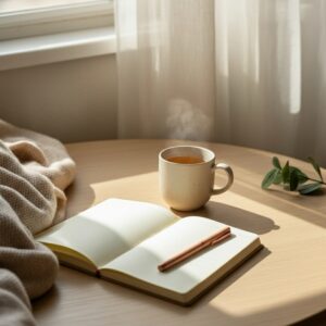 Fotorealistische scène met een kop kruidenthee, een open notitieboek en een pen op een lichte houten tafel bij een raam, met zachte zonnestralen; sfeer van ontspanning en reflectie na een Reiki behandeling.