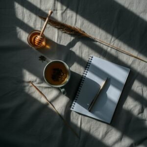 Bovenaanzicht van een kop kruidenthee, honing en notitieboek op linnen doek – kalm naverzorgmoment na een Reiki sessie in Almere