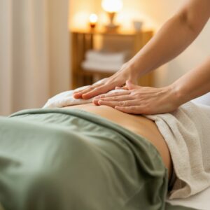 Reiki Rotterdam detail van handen die enkele centimeters boven de buik van een geklede cliënt zweven in warme, natuurlijke lichtsetting, kalme therapieruimte