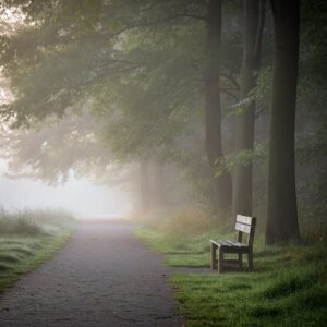 Reiki Rotterdam sfeerbeeld van een stil pad in het Kralingse Bos met ochtendmist, hoge bomen en een houten bank, kalme meditatieve uitstraling