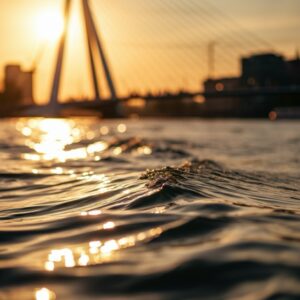 Reiki Rotterdam sfeerbeeld met rimpelingen op de Maas en de Erasmusbrug onscherp op de achtergrond tijdens golden hour