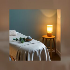 Serene behandelkamer voor een Reiki sessie in Almere met linnen behandeltafel, eucalyptus en warme lampverlichting – rustgevend sfeerbeeld
