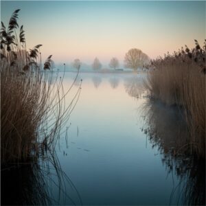 Reiki sessie Amstelveen bij De Poel; stil water met riet en pastelhemel, kalme reflecties die ontspanning en herstel verbeelden