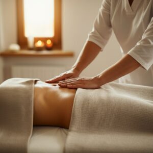Fotorealistische scène van een cliënt die een ontspannen buikbehandeling ontvangt in een warm, gedimd spa-interieur; focus op zachte aanraking en rustgevende wellnesssfeer tijdens een Reiki behandeling.