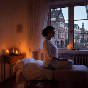 Een vrouw mediteert op een massagetafel in een sfeervolle ruimte met kaarslicht, met uitzicht op een Europese stad bij schemering, perfect voor een Reiki sessie in Den Bosch.