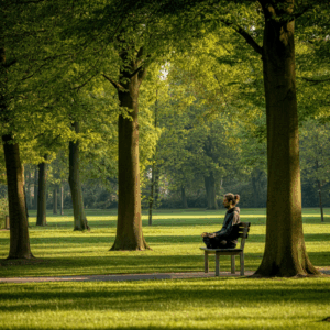Persoon die mediteert op een bankje in het Julianapark in Hoorn, omringd door groen en zonlicht, symboliserend rust en balans tijdens een Reiki sessie.