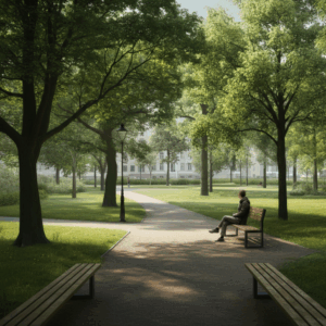 Een persoon die rustig op een bankje zit in een groen stadspark in Den Haag, omringd door bomen en een serene sfeer, passend bij het thema rust en balans in de stad.