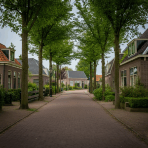 Een serene, met bomen omzoomde straat in Laren met traditionele bakstenen huizen, die de rust en charme van het dorp weerspiegelt.
