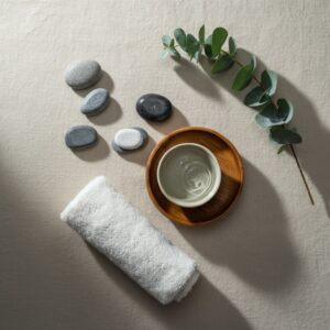 Bovenaanzicht van een serene spa-flatlay met opgevouwen witte handdoek, gladde rivierstenen, kom met rimpelend water en eucalyptus op licht linnen in zacht ochtendlicht