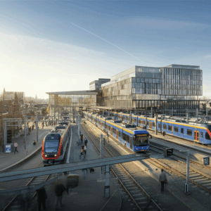 Een drukke, moderne OV-hub in Utrecht met treinen, trams en mensen in beweging, die stedelijke efficiëntie en balans weerspiegelt.