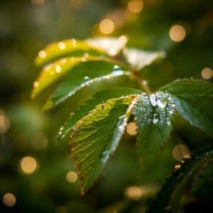 Botanisch close-up met dauwdruppels in de tuinen nabij de Strabrechtse Heide in Geldrop, met een kalme, herstellende sfeer.