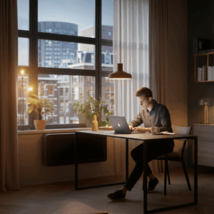Een jonge professional in Utrecht werkt geconcentreerd op een laptop in een moderne, sfeervolle woning, symbool voor stressregulatie en mentale focus in een stedelijke omgeving.