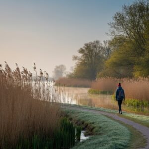 Een serene afbeelding van de Biesbosch nabij Dordrecht, met een wandelaar op een pad omringd door water en riet, die rust en reflectie biedt binnen het thema therapie Dordrecht.