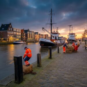 Een dynamische afbeelding van de haven van Dordrecht, met arbeiders en schepen, die de werkdruk en bedrijvigheid in de havenindustrie benadrukt binnen het thema therapie Dordrecht.