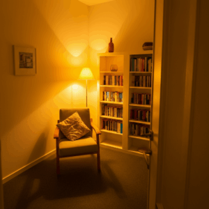 Een warme en uitnodigende therapieruimte in Den Haag, met een comfortabele stoel, een vloerlamp en een boekenplank, ideaal voor een rustige en professionele omgeving.