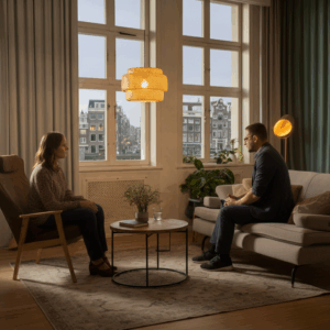 Twee mensen in een professioneel gesprek in een moderne therapieruimte in Amsterdam, met uitzicht op de stad bij schemering.