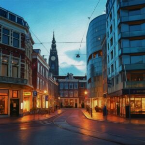 Een artistieke weergave van de unieke mix van historische en moderne architectuur in Groningen, passend bij de diversiteit aan therapievormen in de stad.