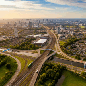Een luchtfoto van Hoofddorp met wegen, spoorlijnen en groene ruimtes die samenkomen, symbool voor verbinding en balans in een dynamische omgeving.