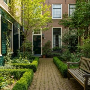Een rustig hofje in Haarlem met weelderig groen, bloemen en een bankje onder zacht zonlicht, symbool voor innerlijke balans en herstel.