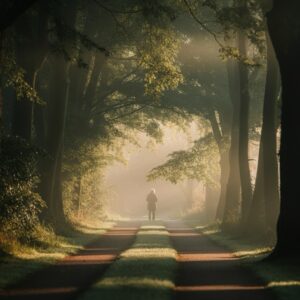 Rustgevend moment in Dierdonk, Helmond: persoon pauzeert op een bospaadje in zacht ochtendlicht.