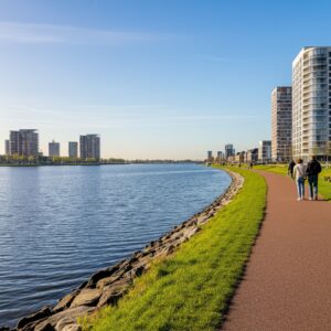 Het serene Weerwater in Almere met moderne gebouwen en een wandelpad, een plek die rust en balans symboliseert, passend bij therapie en persoonlijke ontwikkeling.