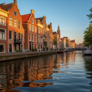 Een sfeervolle afbeelding van de grachten in Groningen bij zonsondergang, met reflecties van historische panden, die het belang van welzijn en balans in therapie benadrukt.