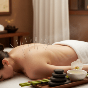 Close-up van een vrouw die acupunctuur ontvangt op haar rug in een serene spa-omgeving, met een focus op ontspanning en welzijn.