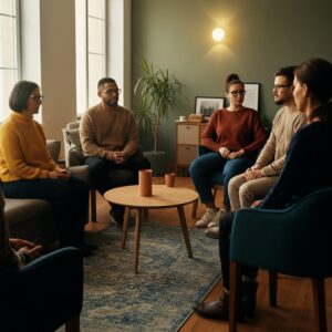 Een fotorealistische weergave van een groepssessie, met een diverse groep mensen in een warme, uitnodigende ruimte, symboliserend verbinding en ondersteuning.