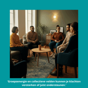 Een fotorealistische weergave van een groepssessie, met een diverse groep mensen in een warme, uitnodigende ruimte, symboliserend verbinding en ondersteuning.