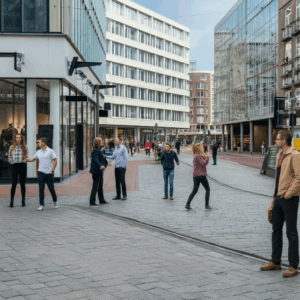 Een realistische weergave van een confrontatie op de Lijnbaan in Rotterdam, met een focus op de omgeving en sociale interacties.