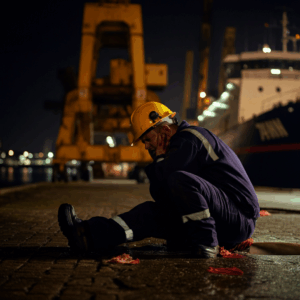 Een realistische weergave van een havenwerker in Rotterdam die een traumatisch incident heeft meegemaakt tijdens een nachtdienst.