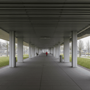 Een serene weergave van Almere's Esplanade met een rustige sfeer en moderne architectuur.