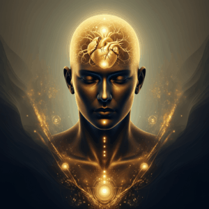 Een visuele representatie van een persoon die hun innerlijke zelf herontdekt, met abstracte gloeiende elementen rond het hart en hoofd, symbool voor verbinding en bewustwording.