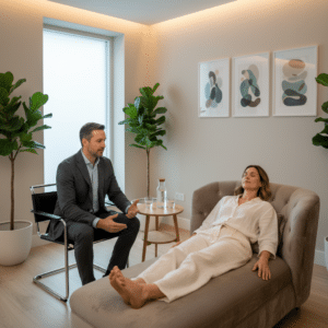 Een vrouw ligt ontspannen in een therapie stoel tijdens een hypnotherapiesessie, begeleid door een therapeut in een moderne ruimte.