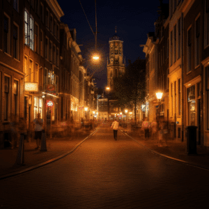 Een levendige avondscène in de Nachtegaalstraat, met mensen die genieten van het bruisende nachtleven en sfeervolle straatverlichting.