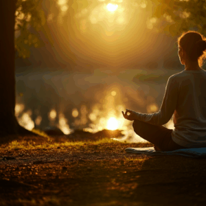 Een serene afbeelding van een persoon die mediteert in een natuurlijke omgeving, symbool voor rust na EMDR therapie.