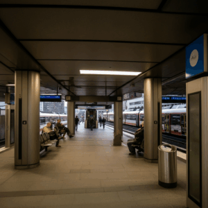 Een professionele weergave van een metrostation in Rotterdam, specifiek station Beurs, met een rustige en realistische setting waar een agressie-incident kan plaatsvinden.