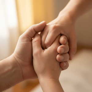 Realistische foto van twee handen die elkaar zachtjes vasthouden, met een warme, onscherpe achtergrond.