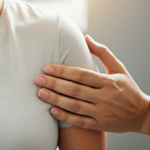 Close-up van een hand die zachtjes een schouder aanraakt, symbool voor empathie en ondersteuning in haptotherapie.