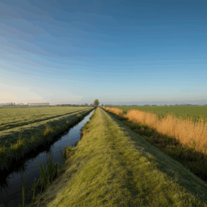 Een vredig uitzicht op de natuurlijke omgeving van Schoonhoven, met open velden en een rustige sfeer, symbool voor ruimte en reflectie.
