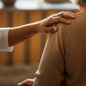 Afbeelding van een hand die zachtjes een schouder aanraakt, symbool voor comfort en verbinding tijdens een haptotherapiesessie.