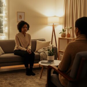 Een serene therapiesessie in Breda, die harmonie en persoonlijke groei symboliseert in een warme, veilige omgeving.