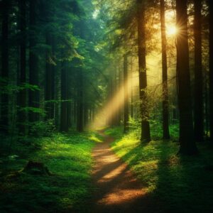 Een serene natuuromgeving met zacht zonlicht dat door de bomen schijnt, symboliserend rust en spirituele verbinding.