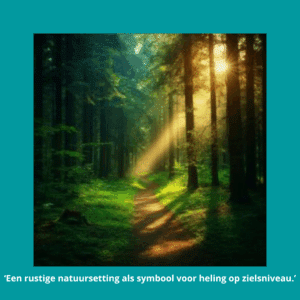 Een serene natuuromgeving met zacht zonlicht dat door de bomen schijnt, symboliserend rust en spirituele verbinding.