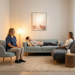 Een fotorealistische weergave van een therapieomgeving met een cliënt en therapeut in een serene, moderne ruimte, symboliserend heling en ondersteuning.