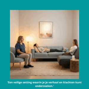 Een fotorealistische weergave van een therapieomgeving met een cliënt en therapeut in een serene, moderne ruimte, symboliserend heling en ondersteuning.