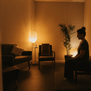 Een serene afbeelding van een persoon die in een rustige therapieruimte zit, met warme verlichting en een kalme sfeer.