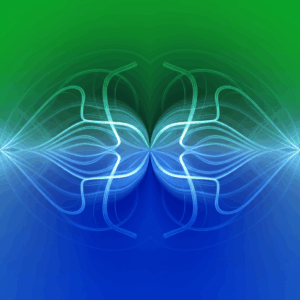 Abstracte weergave van bilaterale stimulatie, met afwisselende lichtpatronen in kalmerende blauwe en groene tinten.