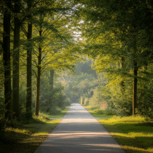 Een vredig wandelpad in Almere-Buiten, omringd door groen, dat een gevoel van rust en reflectie oproept.